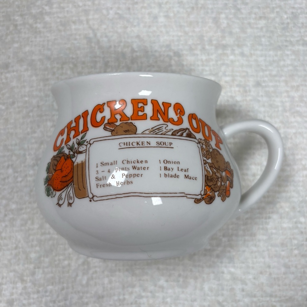 vintage 70's chicken soup recipe ceramic mug bowl stoneware grandmacore cottage‎